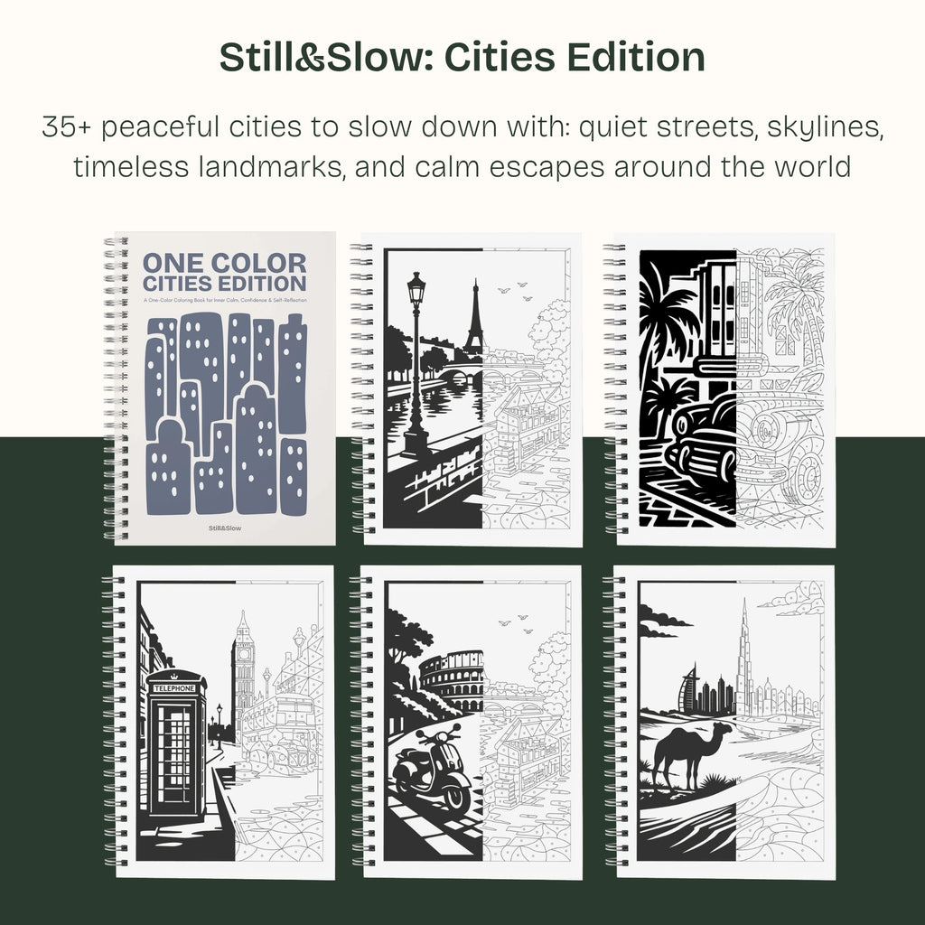 Cities Edition cover with six page samples: quiet streets, skylines and landmarks around the world