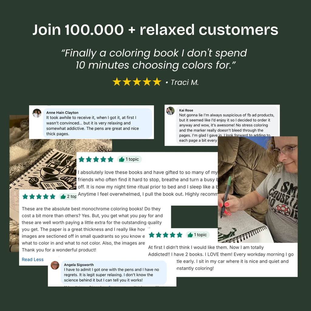 Customer review screenshots with five-star ratings, headed 'Join 100.000 + relaxed customers'