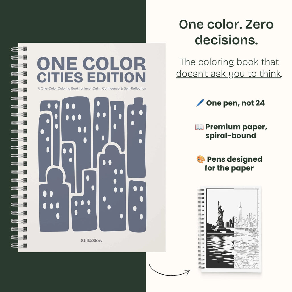One Color Cities Edition cover with a blue city skyline, beside the promise of one pen, not 24