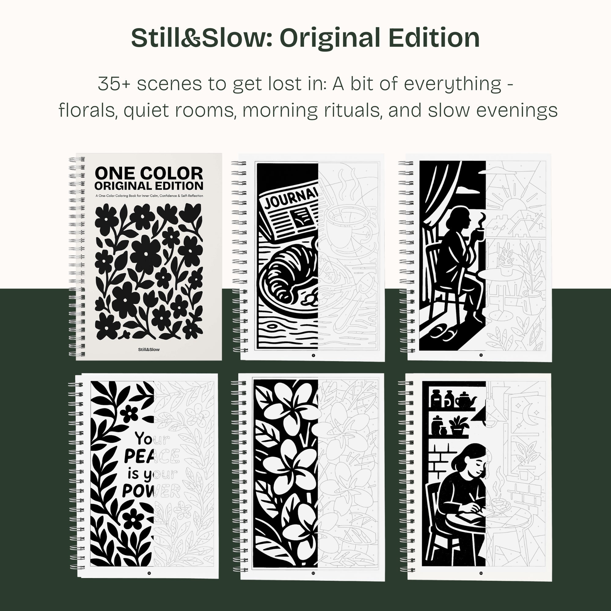 Original Edition cover with six page samples: florals, quiet rooms, morning rituals and slow evenings