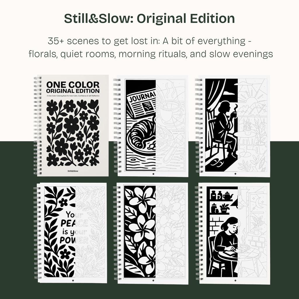 Original Edition cover with six page samples: florals, quiet rooms, morning rituals and slow evenings