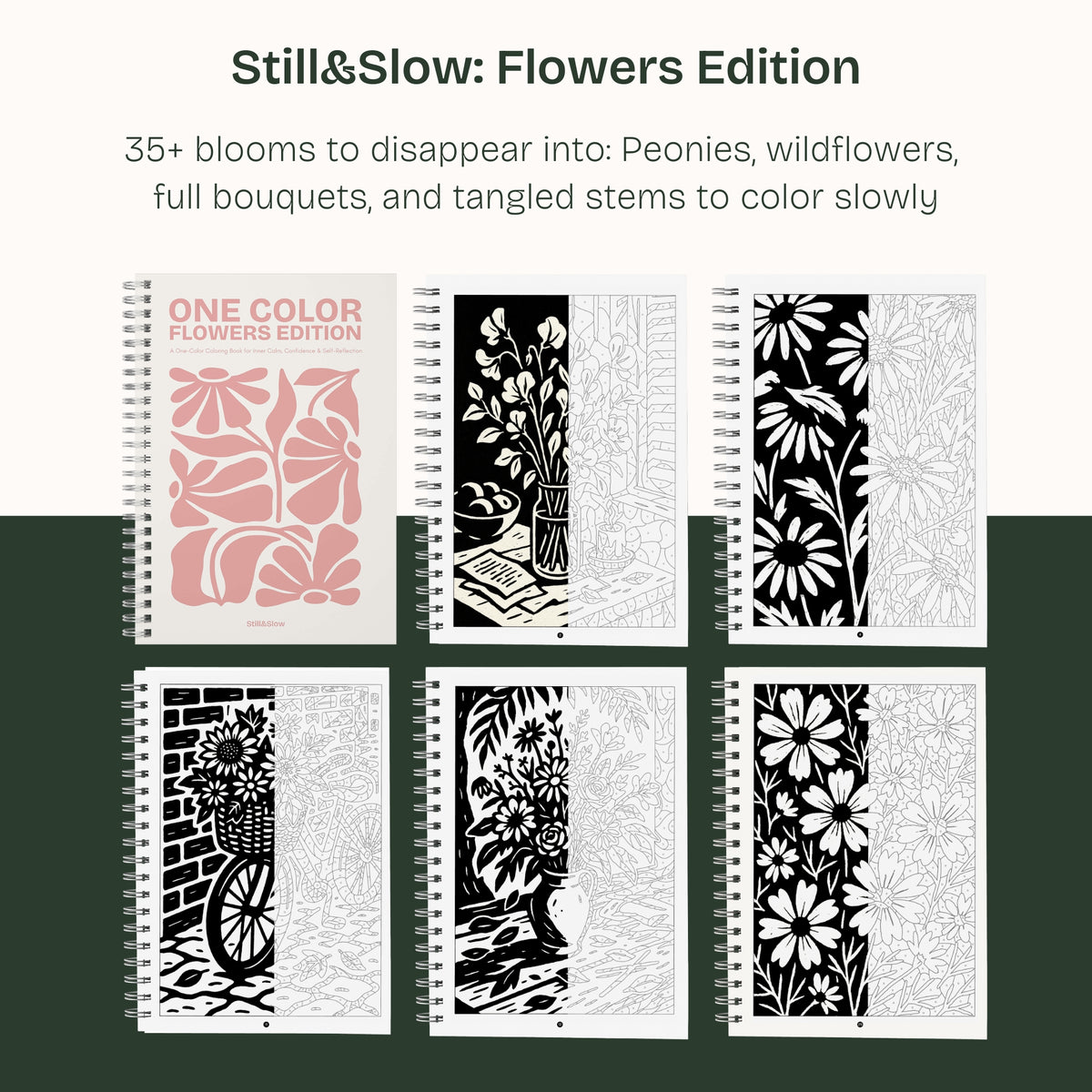 Flowers Edition cover with six page samples: peonies, wildflowers, bouquets and tangled stems