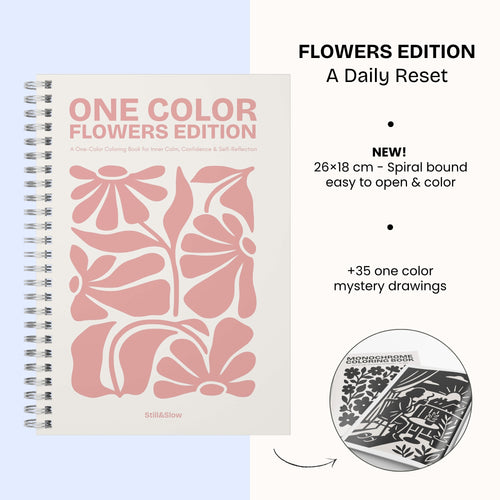 One Color Flowers Edition cover with pink cut-out petals, beside its specs and 35+ mystery drawings