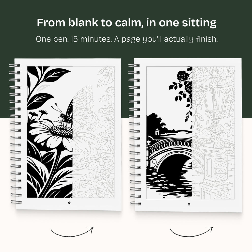 Two spiral books side by side, one page coloured in black showing a bridge and one still an outline