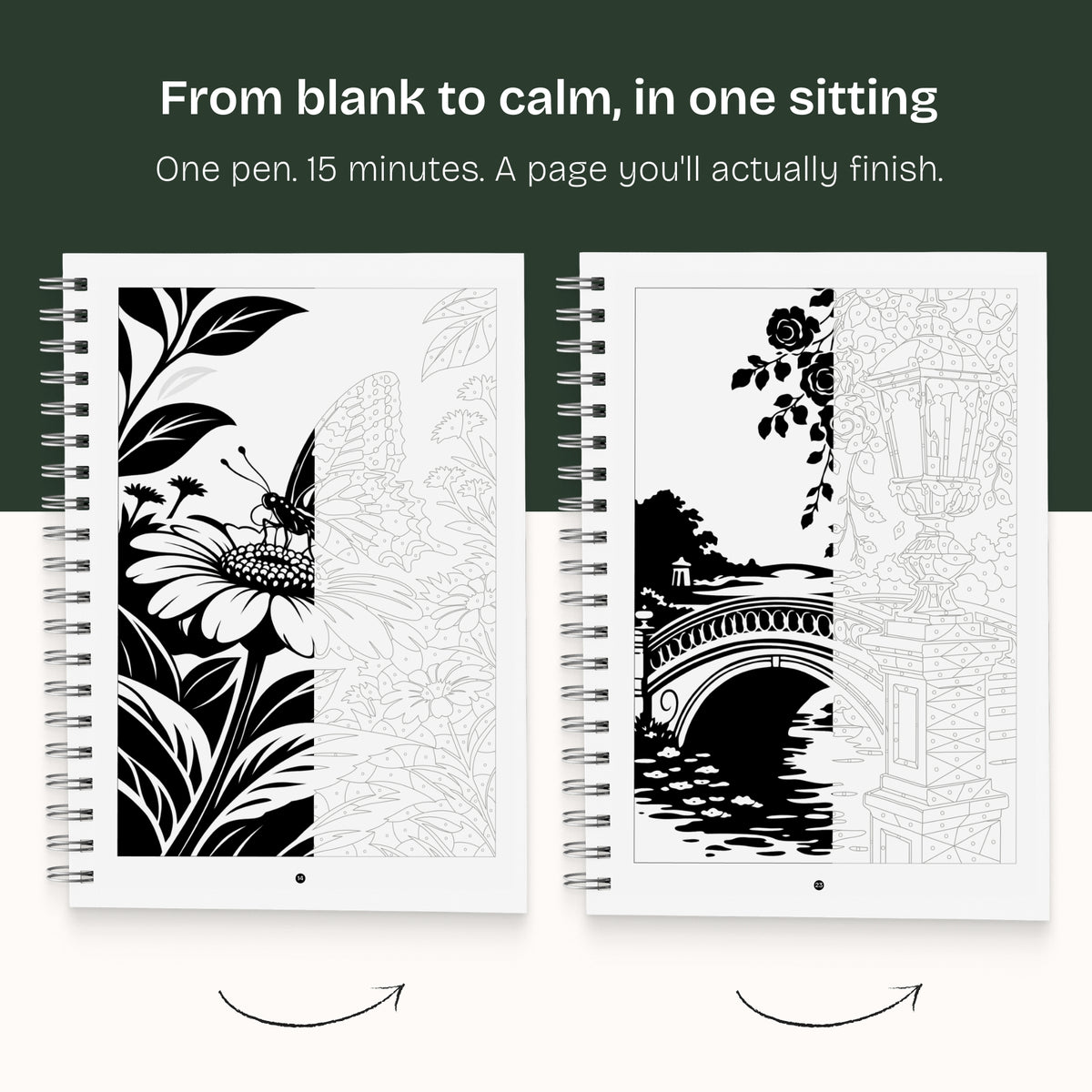 Two spiral books side by side, one page coloured in black showing a bridge and one still an outline