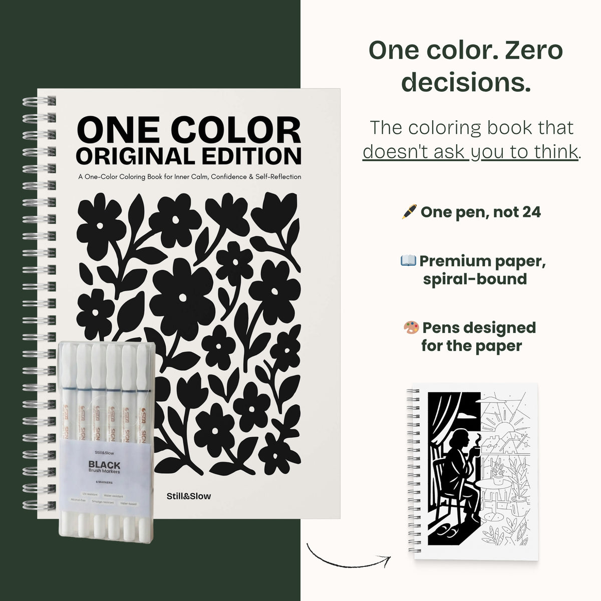 Original Edition cover with a pack of black brush markers, beside the promise of one pen, not 24