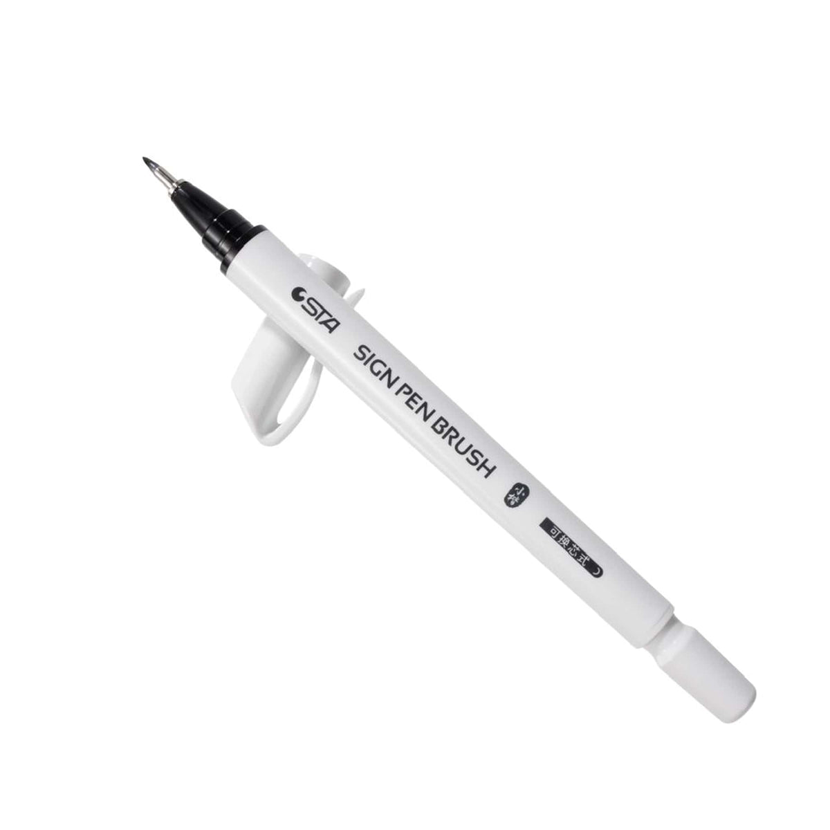 Single white refillable brush pen with the cap off, showing the fine black tip Image