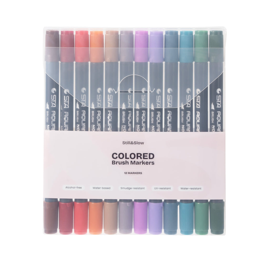 Colored Brush Markers pack seen from the front with the twelve colours visible