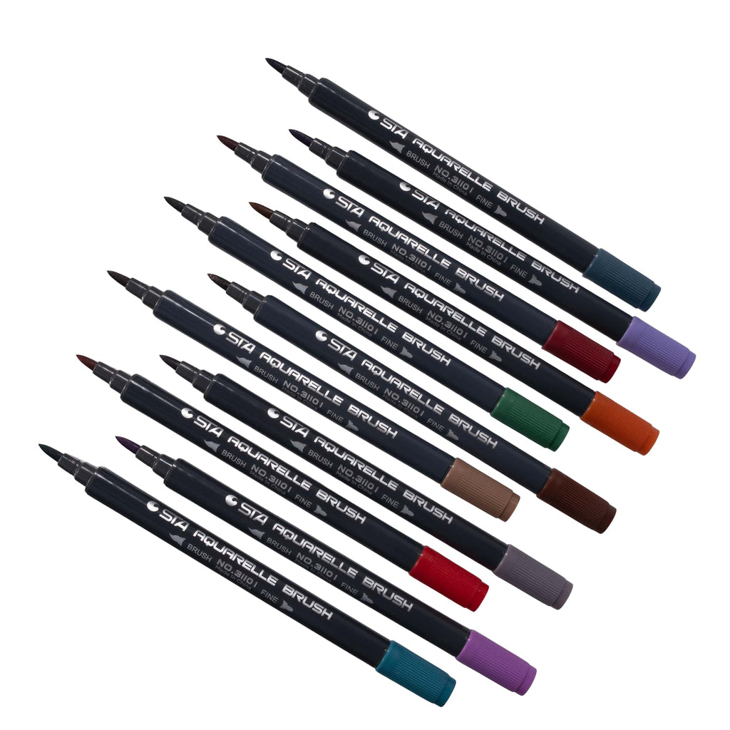 Twelve coloured brush markers fanned out on a white background, caps off