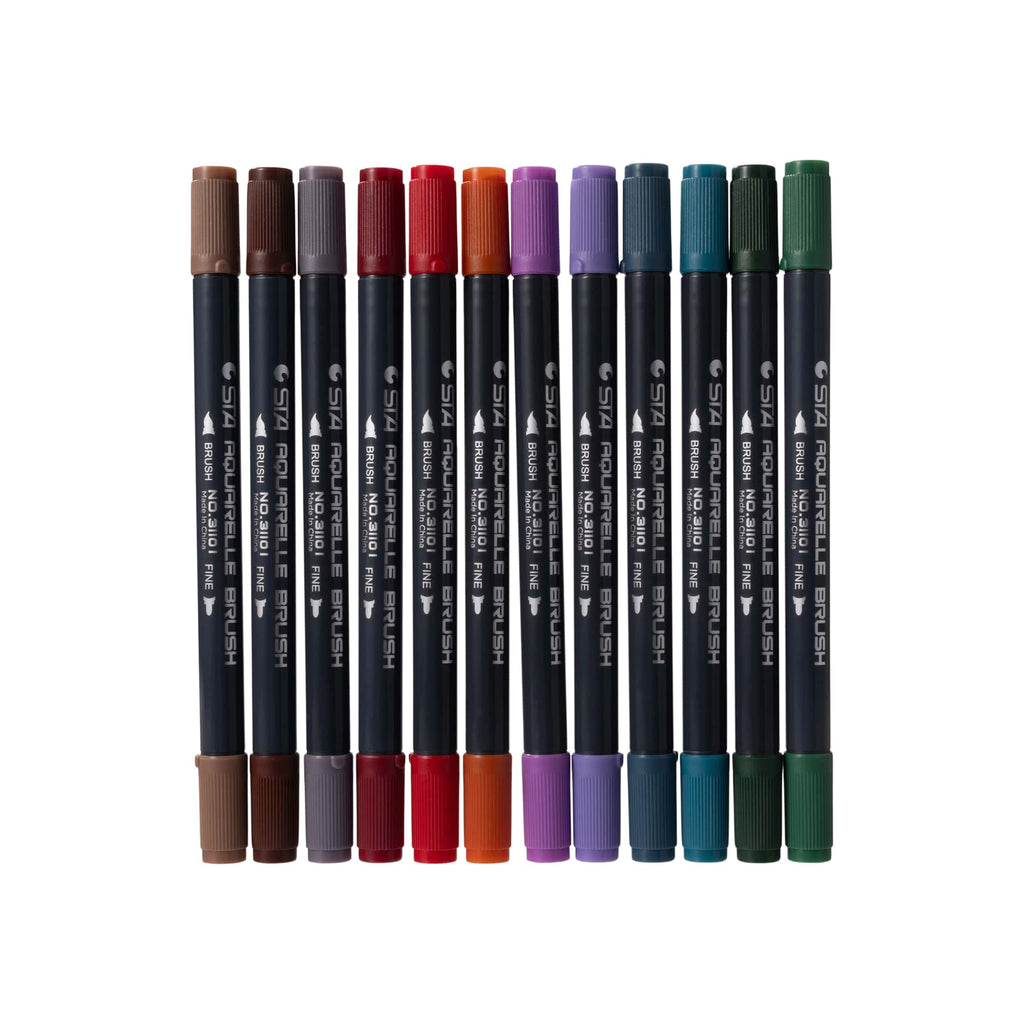 Twelve coloured brush markers lined up in a row, showing the full palette