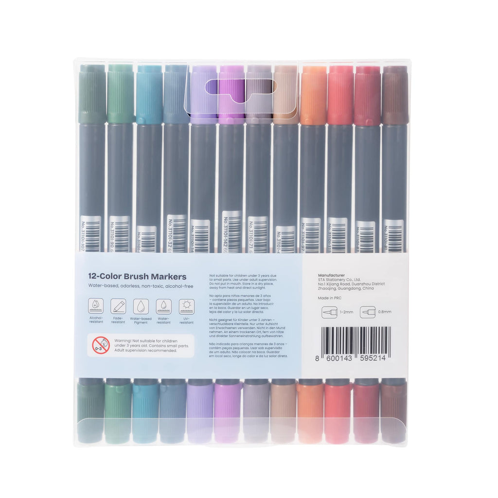 Back of the Colored Brush Markers pack showing the product information panel