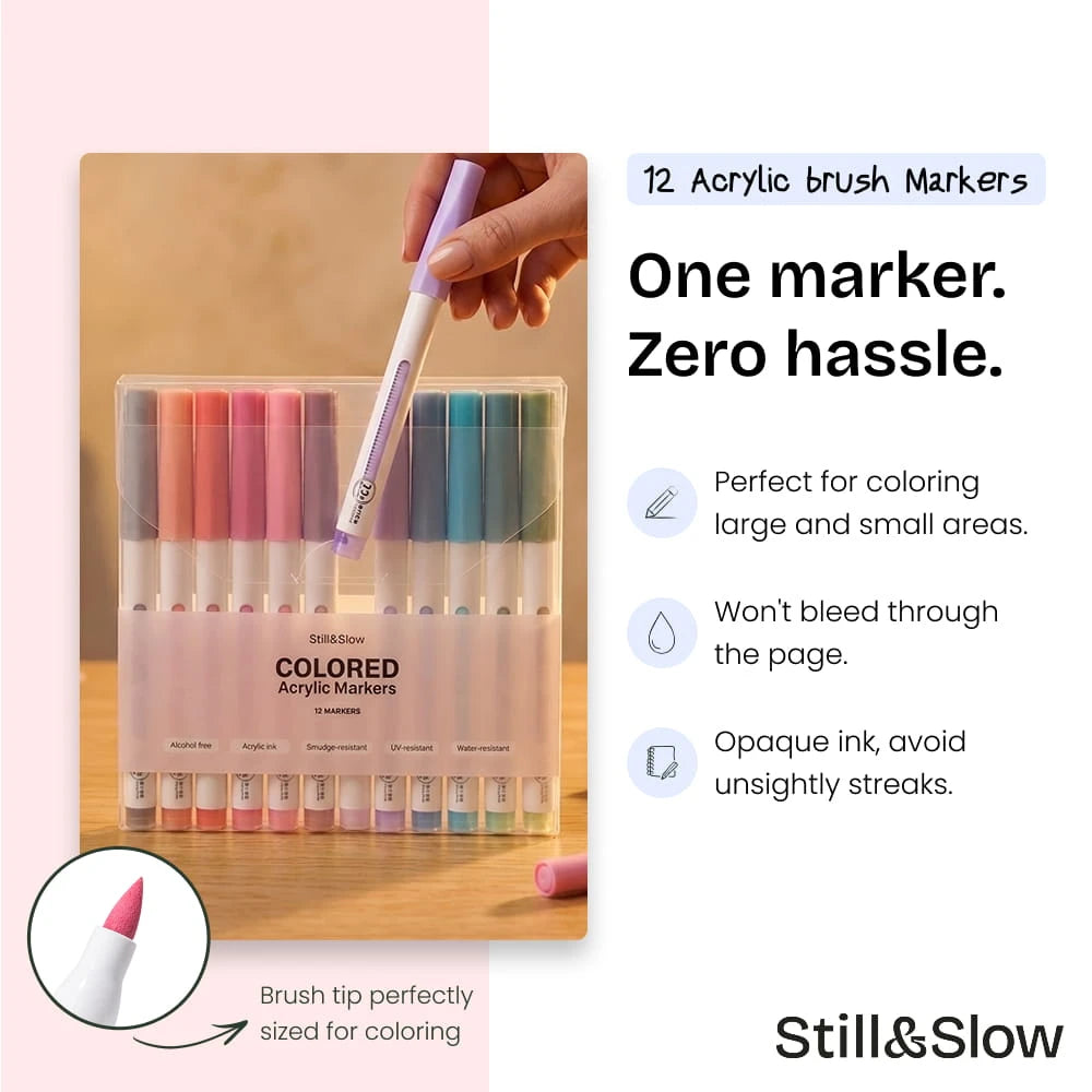 12 Acrylic Brush Markers pack: opaque ink for large and small areas that will not bleed through the page
