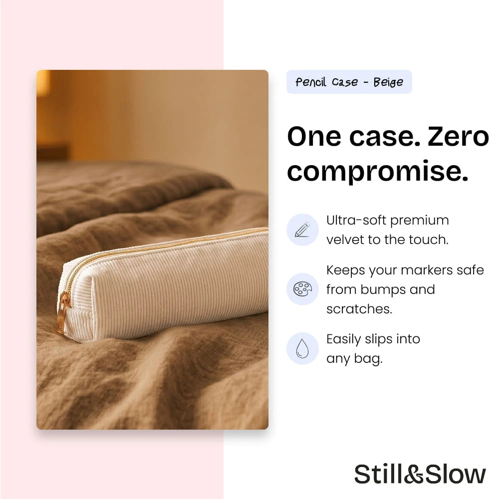 Beige velvet pencil case on a bed, with ultra-soft fabric that keeps markers safe and slips into any bag