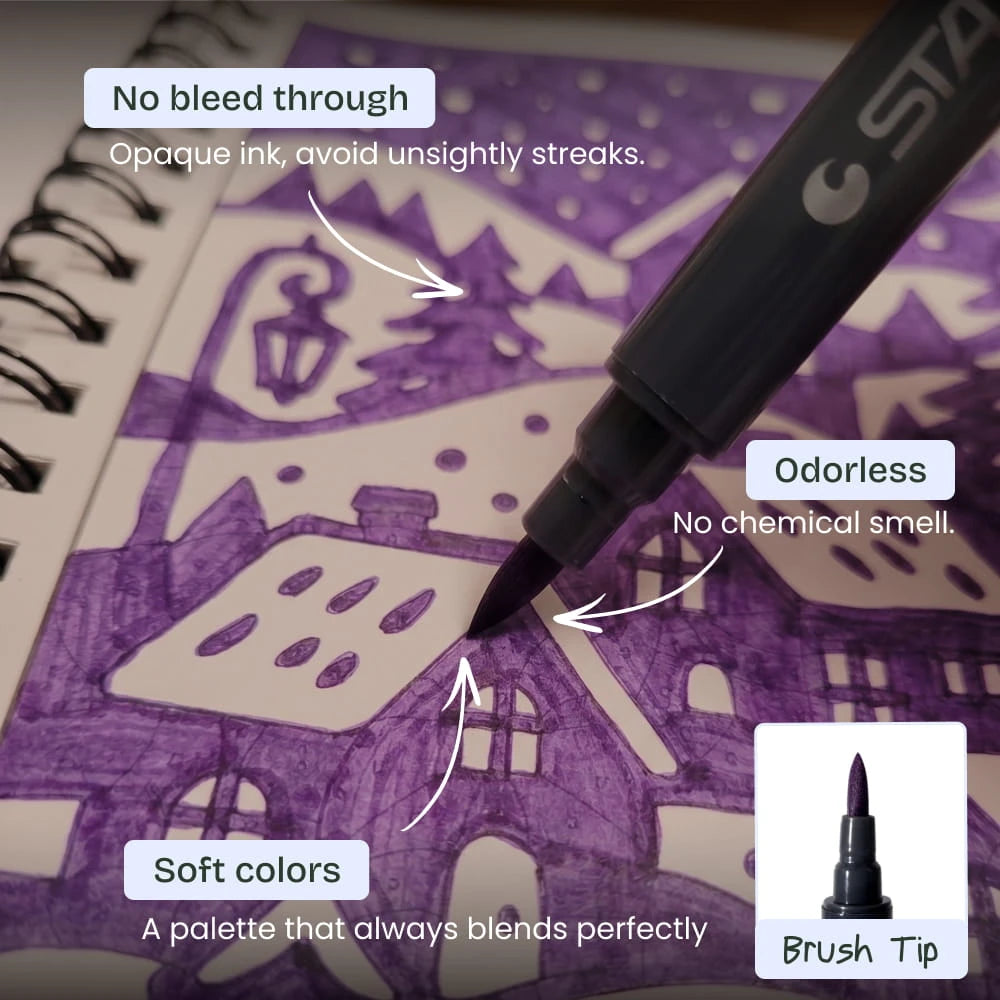 Coloured brush marker filling a purple page, with no-bleed-through, odourless and soft-colour callouts
