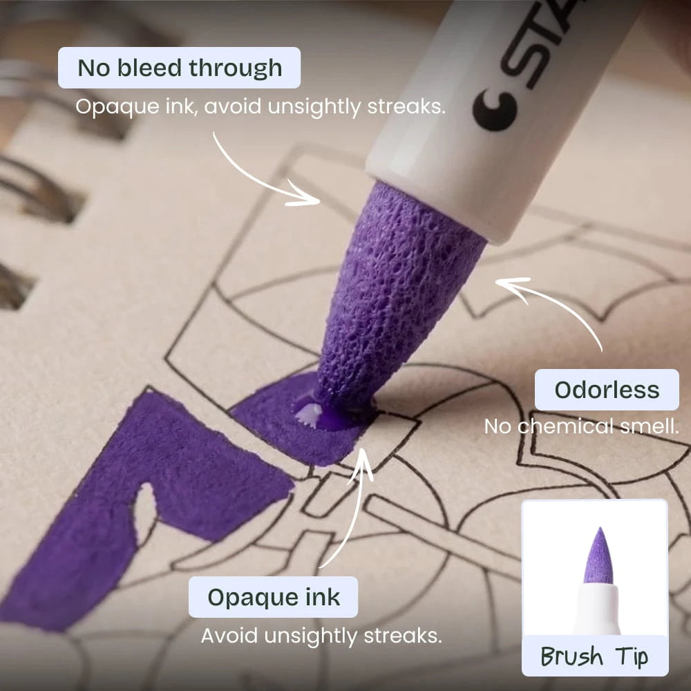 Purple acrylic marker filling a shape on a page, with opaque ink, odourless and no-bleed callouts