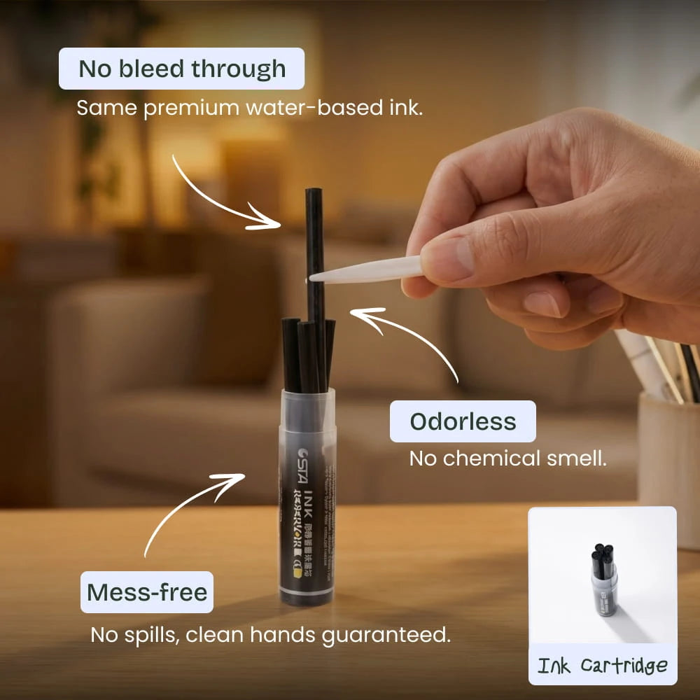 Refill cartridge held beside an ink tube, with no-bleed, odourless and mess-free callouts