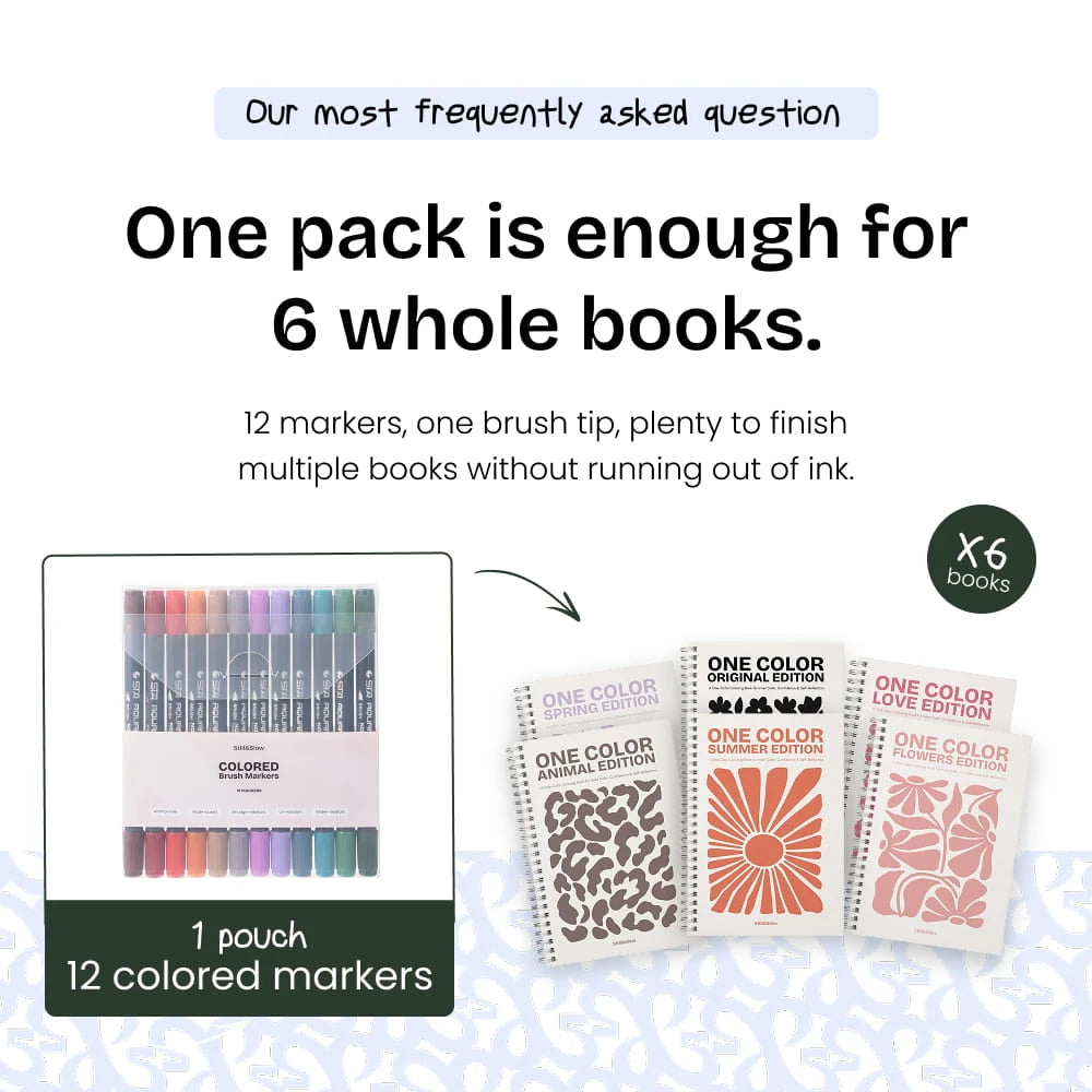 Pouch of twelve coloured markers shown beside three coloring book covers, enough ink for six whole books