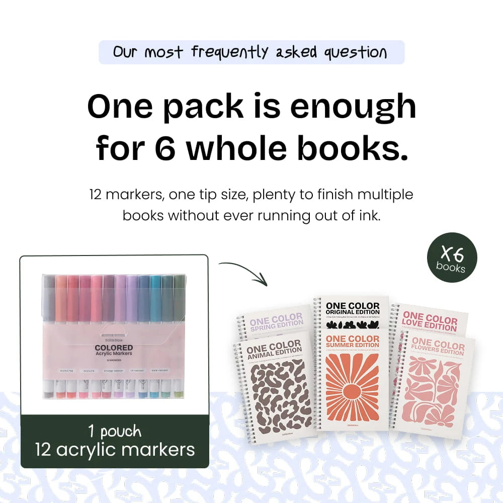 Pouch of twelve acrylic markers beside three coloring book covers, enough ink for six whole books