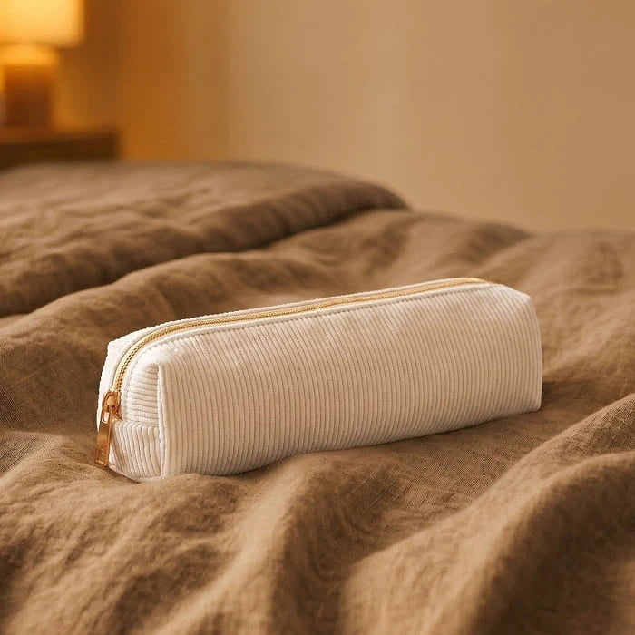 Beige corduroy pencil case lying closed on a soft brown blanket