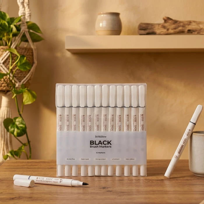 12-Piece Black Brush Markers