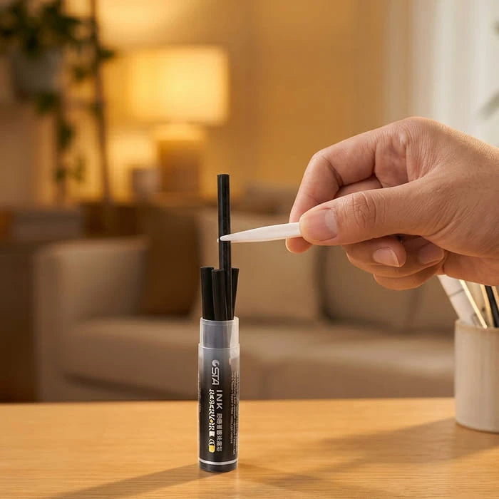 Hand pulling a white refill cartridge from the black ink tube on a wooden table