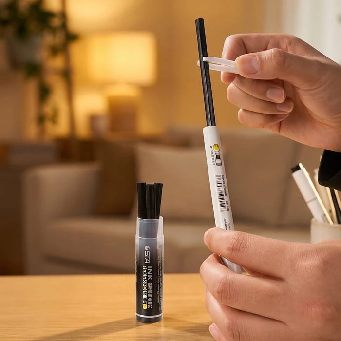 Hands holding an ink tube and a white brush pen, ready to swap the cartridge