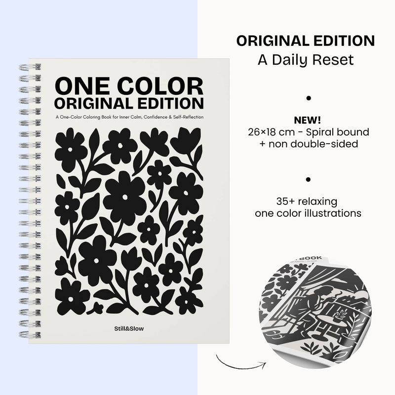 One Color Original Edition cover with black cut-out flowers, beside its specs: 26x18 cm, spiral bound, single-sided
